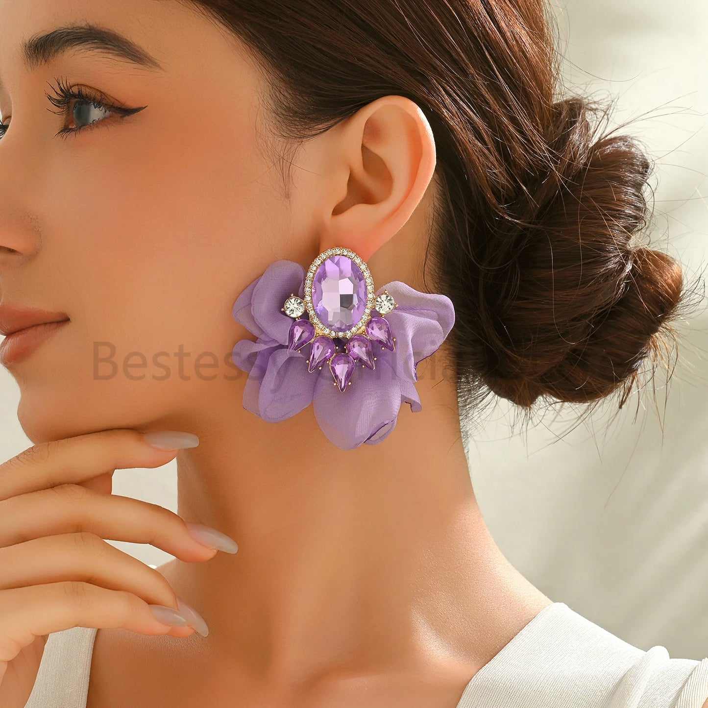 Bohemian Fabric Flower Earrings for Women Imitation Gemstone Floral Large Earrings Party Prom Beach Vacation Jewelry Accessories