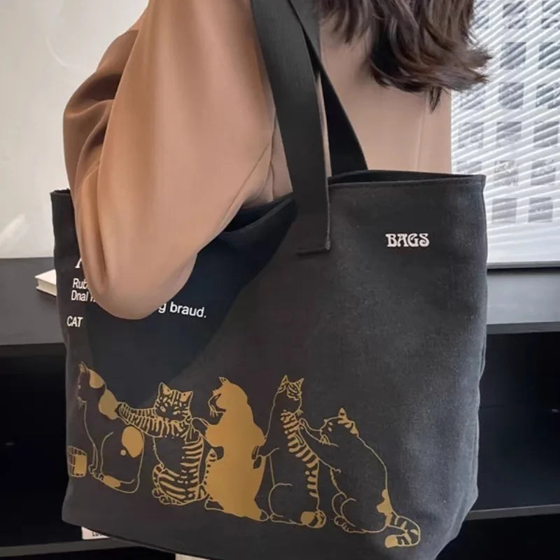 Canvas Totes Large Capacity Storage Handbag Women Tote Anime Cat Letters Shoulder Bags Girls Casual Commute Bag Portable Big Bag