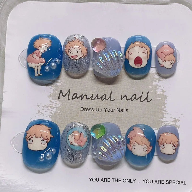 Acrylic Press on Nails With 3d Designs Kawaii Sea Shell Full Cover Artificial Nails Blue Color Handmade Japanese Manicuree Nails