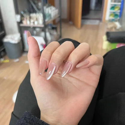 24Pcs Almond Pure Handmade Press On Nails Full Cover Butterfly French Pearl Diamond False Nails Wearable Manicure Nail Tips Art