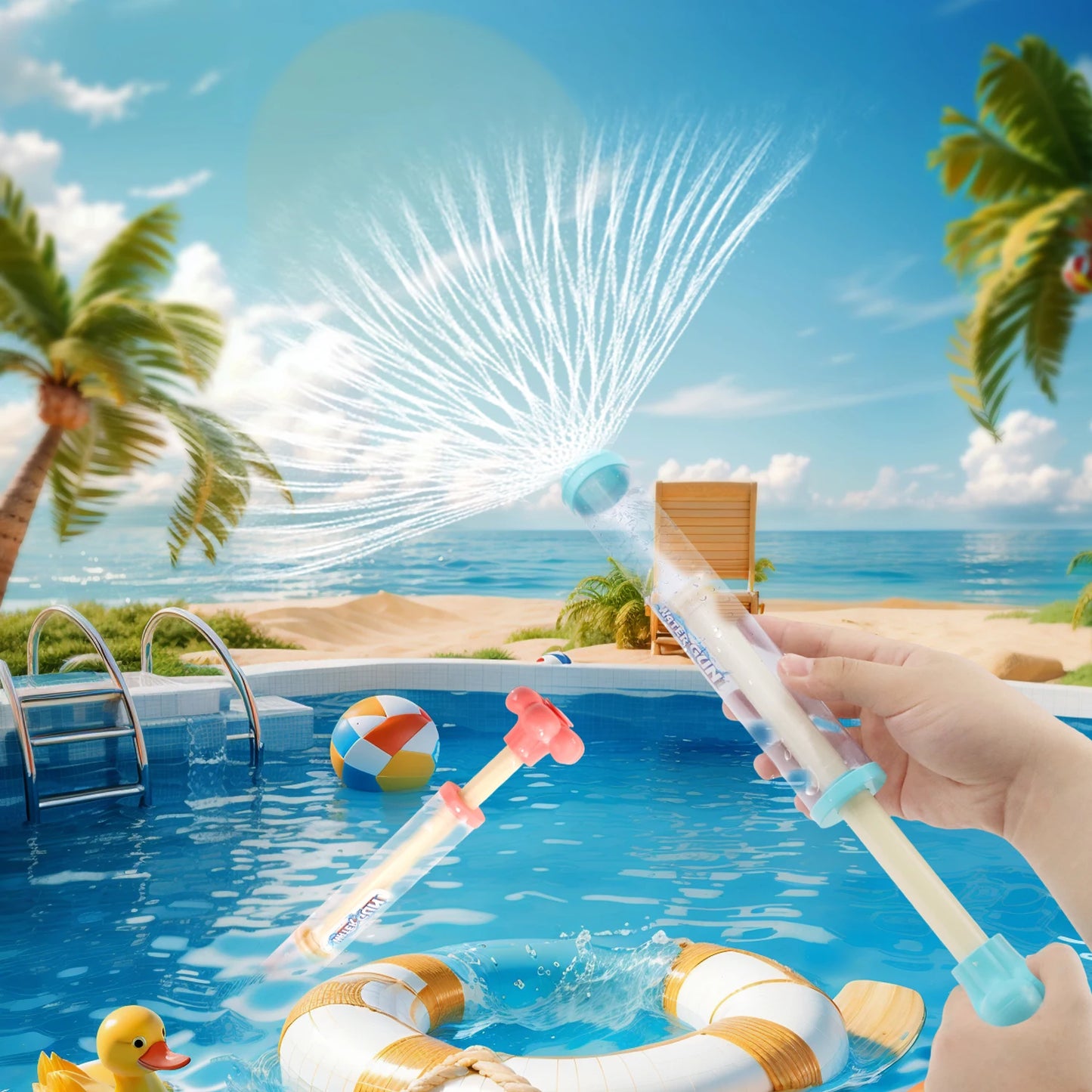 Fireworks, water guns, squirting water guns, water fights, summer beach water toys