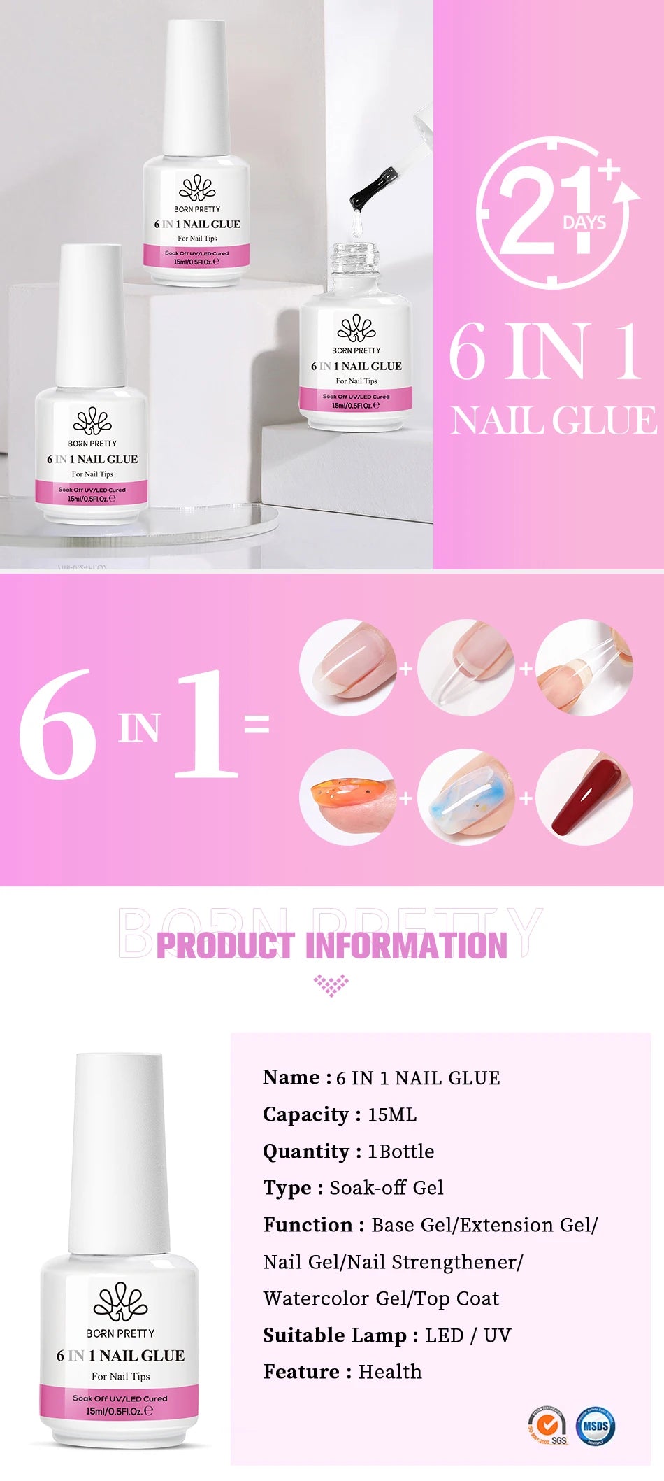 BORN PRETTY 15/10ML 6 IN 1 Nail Glue Gel for Acrylic Nails Soak off Base Gel Top Coat UV Extension Nail Gel False Nail Tips Gel