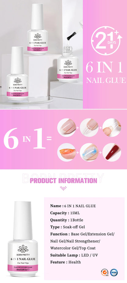 BORN PRETTY 15/10ML 6 IN 1 Nail Glue Gel for Acrylic Nails Soak off Base Gel Top Coat UV Extension Nail Gel False Nail Tips Gel