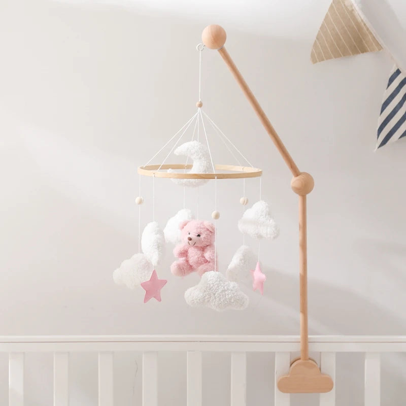 Baby Crib Mobile Rattle Toy 0-12Months Infant Soft Felt Teddy Velvet Pink Bear Bed Bell Hanging Toy Holder Bracket Crib Girl Toy