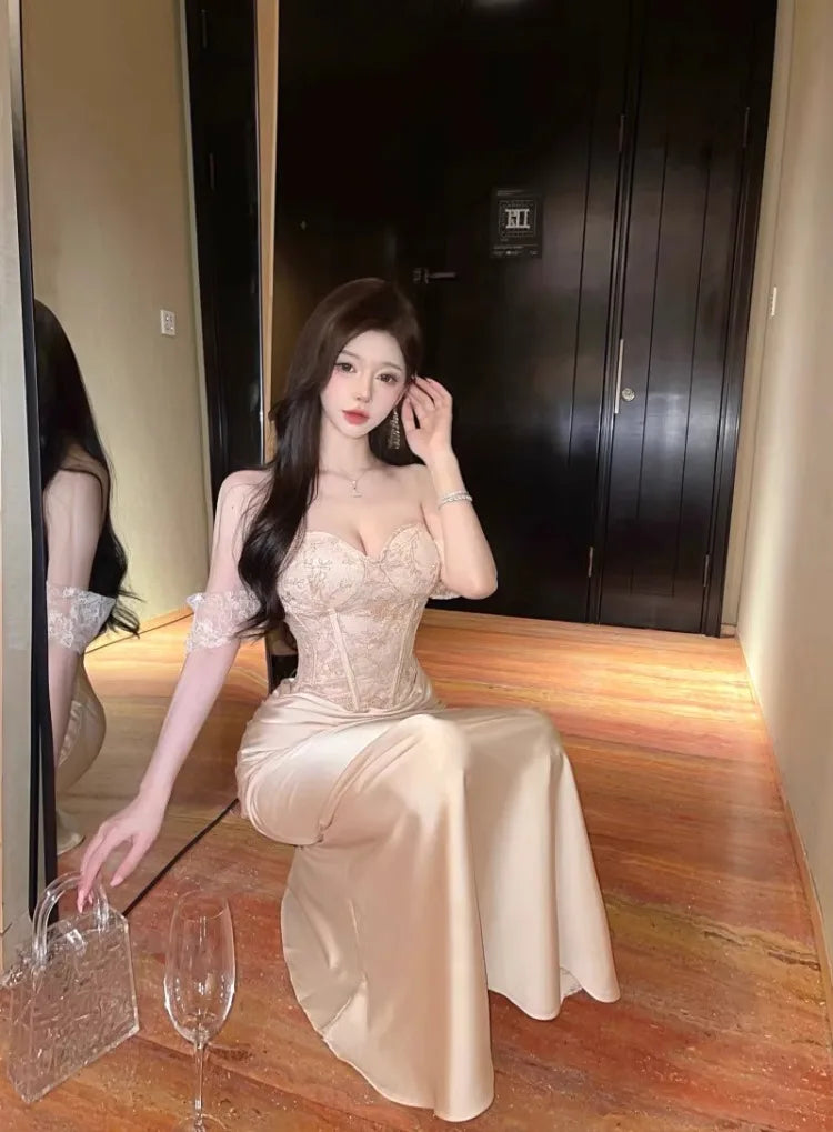 Ezgaga Women Dresses Strapless Lace Patchwork Elegant Slim Backless Temperament Slim Sexy Ladies Mermaid Dress Party Cocktail