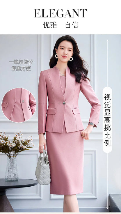 Office Suit Women Collarless Blazer + Vest Dress Set Executive Lady Workwear Elegant 2 Piece Set Long Sleeve Pink Suit Jacket