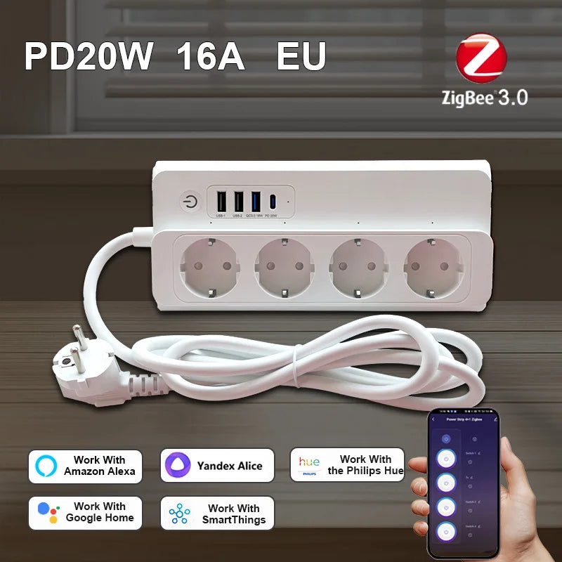 Smart Power Strip Zigbee 3.0 16A PD20W Fast ChargingSmart Multiple Socket Wall Mounted Timer Voice Control and Remote Control