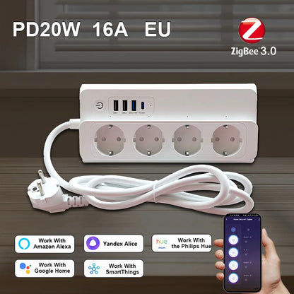 Smart Power Strip Zigbee 3.0 16A PD20W Fast ChargingSmart Multiple Socket Wall Mounted Timer Voice Control and Remote Control