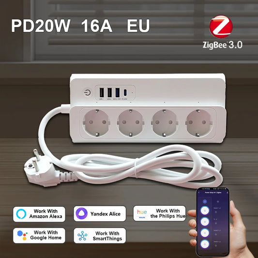 Smart Power Strip Zigbee 3.0 16A PD20W Fast ChargingSmart Multiple Socket Wall Mounted Timer Voice Control and Remote Control