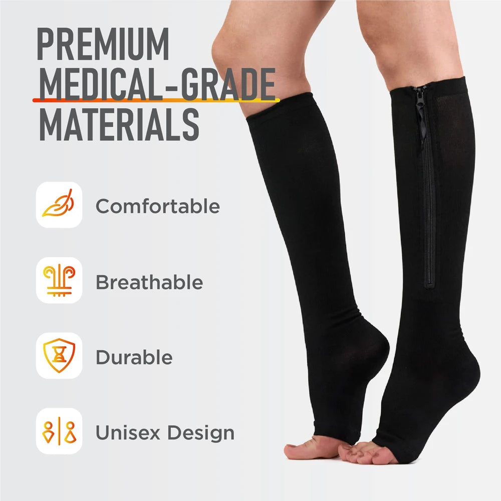 1Pair Medical Compression Socks - Open Toe 15-20 MmHg Zipper Compression Diabetic Socks, Improves Blood Circulation,Reduces Pain