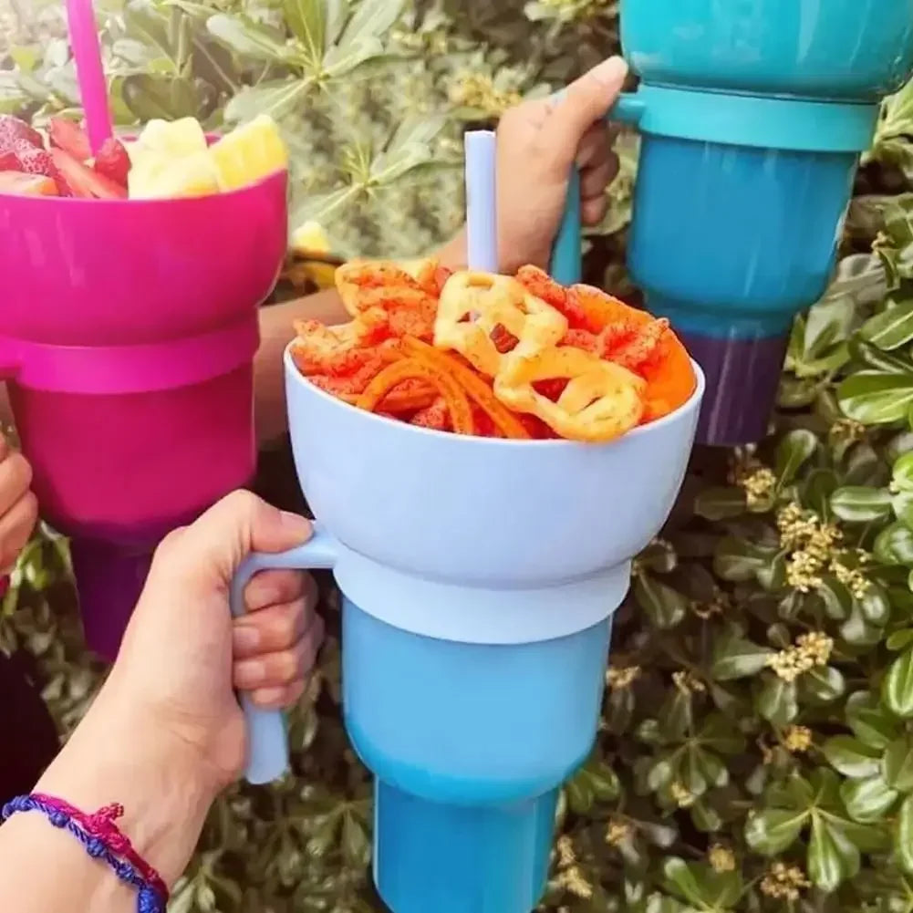 Portable Snackies Cup 2 in 1 Splash Proof Leakproof Top Snack Bowl on Drink Cups  Popcorn Stadium Tumbler with Straw Cinema Trip