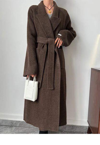 Office Lady Woolen Jackets 2024 Autumn And Winter Bathrobe Style Pocket Double-Sided Loose Lace -Up Tie Women's Long Wool Coats