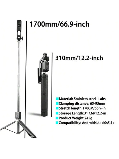 170 Cm Selfie Stick Tripod Retractable With Wireless Remote Control Portable Compatible For Apple And Android Phones
