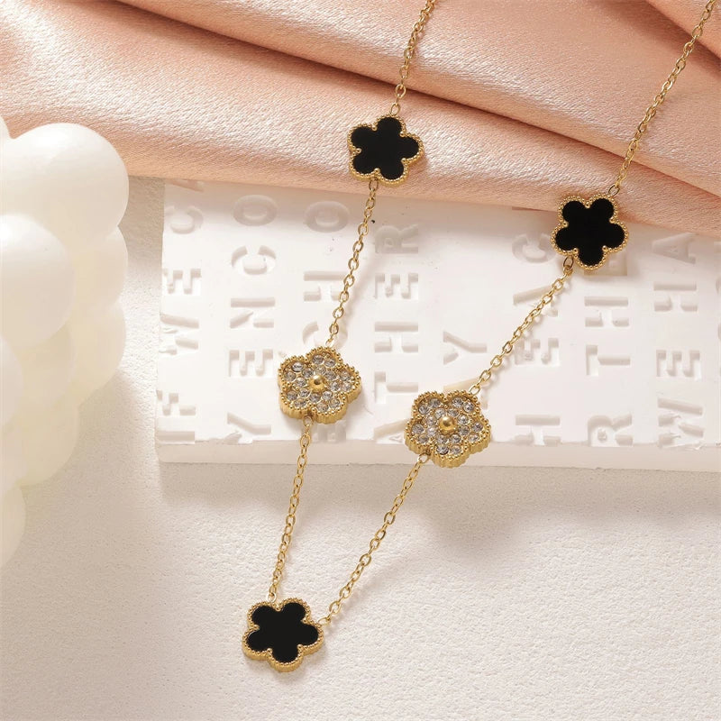 316L Stainless Steel 2025 New Fashion Fine Jewelry Set Zircon 5-Leaf Flowers Charm Chain Necklaces Bracelets Earrings For Women