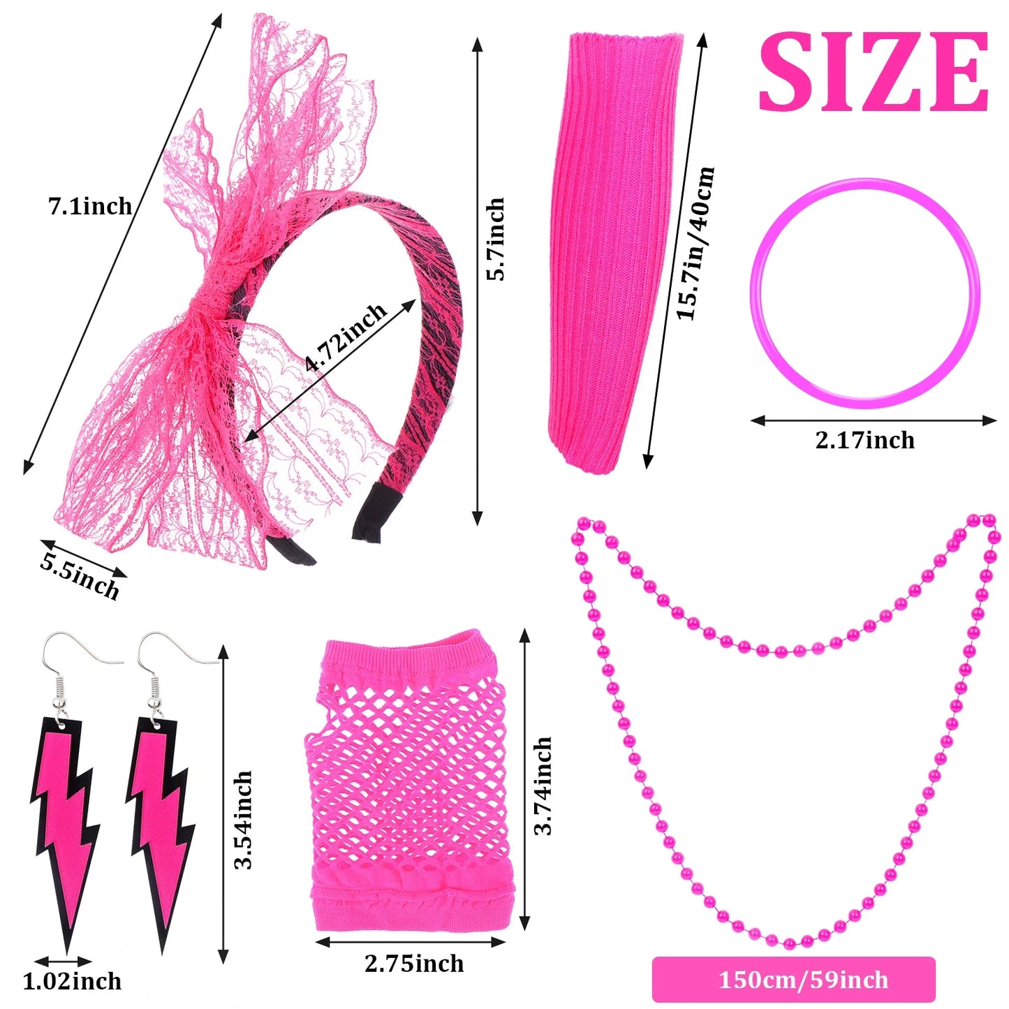 80s Fancy Dress Accessories Women Party Costume Set Adult Tutu Skirt Neon Fishnet Gloves Beaded Necklace Bracelet Earrings