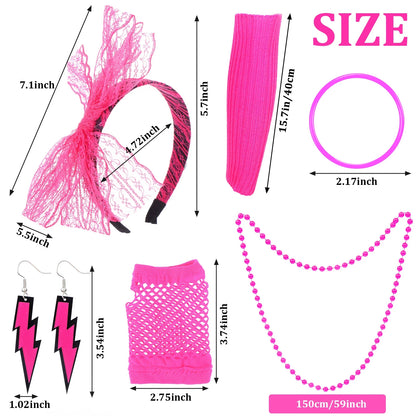 80s Fancy Dress Accessories Women Party Costume Set Adult Tutu Skirt Neon Fishnet Gloves Beaded Necklace Bracelet Earrings