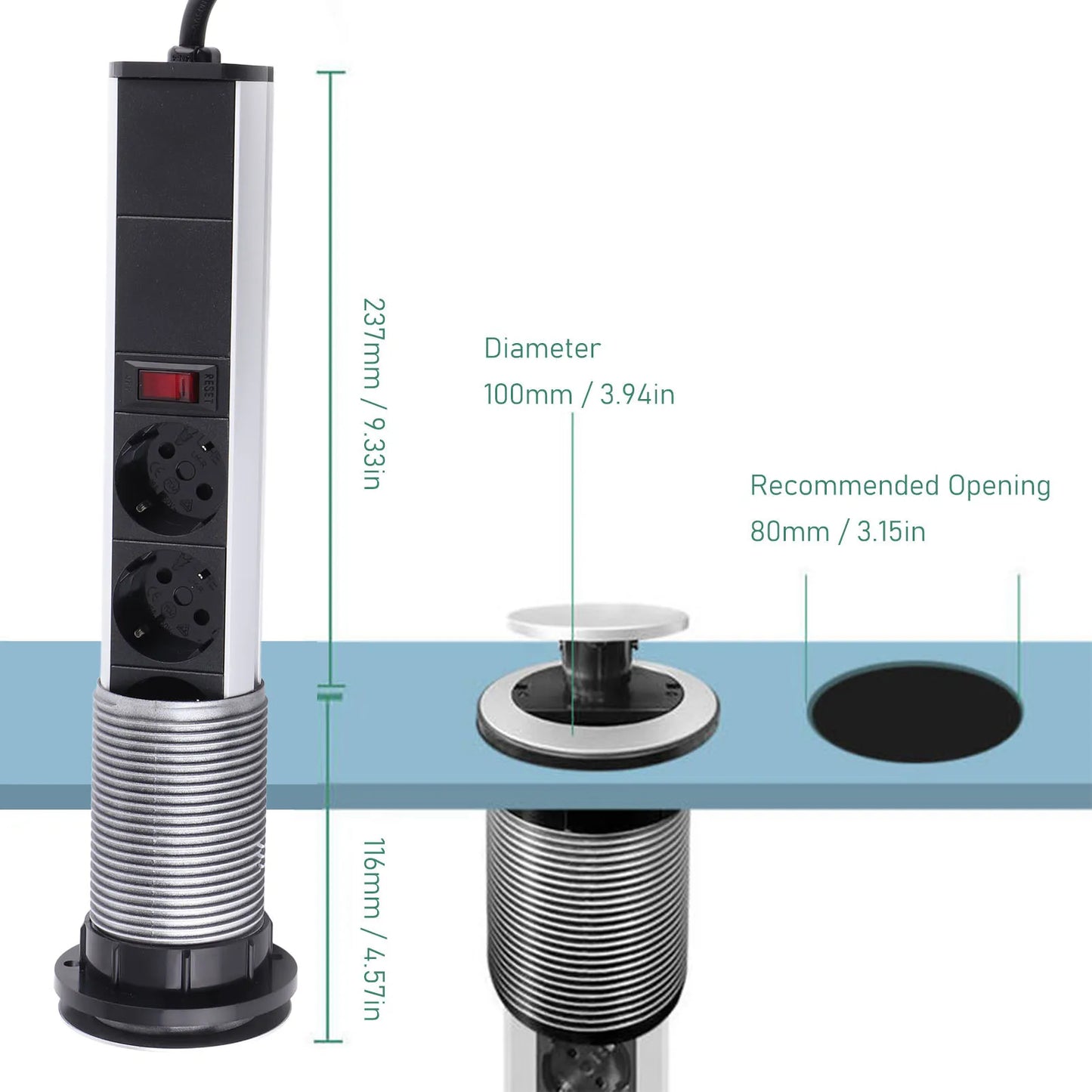 Recessed Pulling Pop Up Socket 3  Plugs and USB Aluminium Alloy Embedded Countertop Pop Up Outlet Socket AC250V 16A