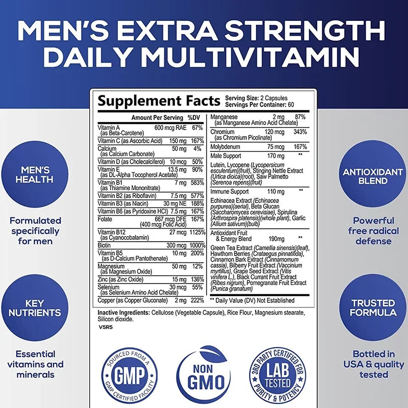 Men's Daily Multivitamin Supplement - Provides Cognitive Brain Health, Energy and Stamina, and Muscle Mass Vegan