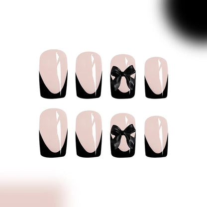 24pcs Press on Nails Short Almond Bowknot Black Press on Nails White Pearl Sweet French Tip Press on Nails Cute Nail Artificial