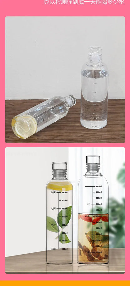 300-1000ml Glass Water Bottle Large Capacity with Time Marker Cover for Water Drink Outdoor PortableTransparent Milk Juice Cup