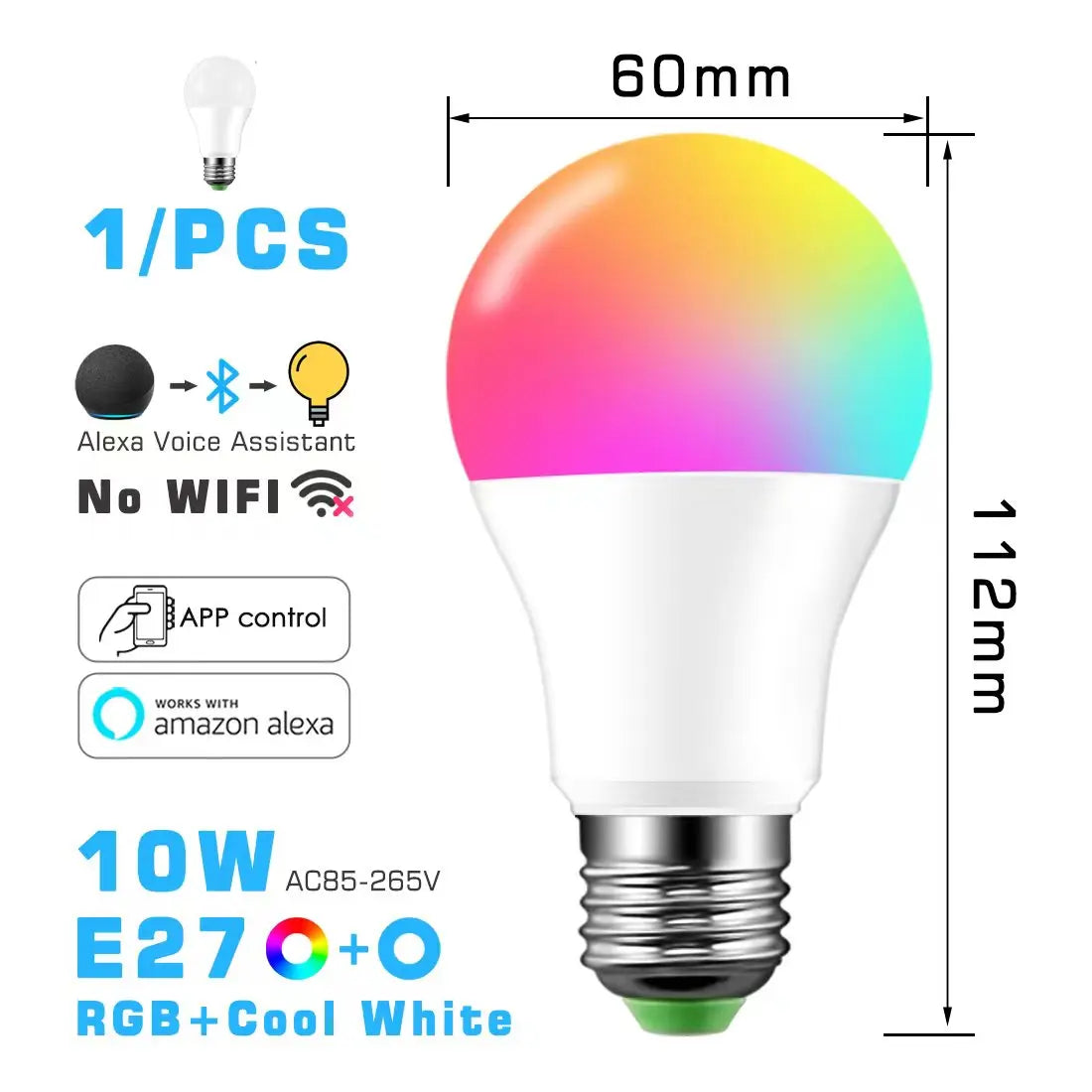 LED Smart Light Bulb, Color Changing Alexa Light, RGB Smart Lamp That Work With Alexa, E27 B22 Base,16 Million Colors,Dimmable