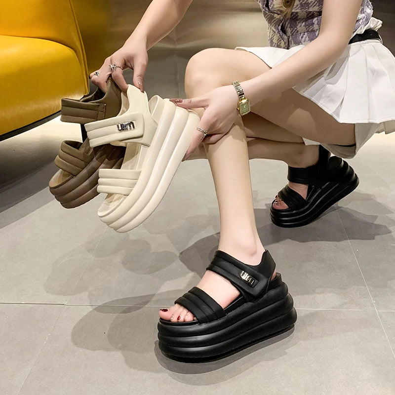 2025 Summer Women Chunky Sandals Leather High Platform Trainers Breathable Casual Slippers Shoes Woman 8.5CM Heels Wedge Sneaker