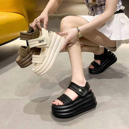 2025 Summer Women Chunky Sandals Leather High Platform Trainers Breathable Casual Slippers Shoes Woman 8.5CM Heels Wedge Sneaker