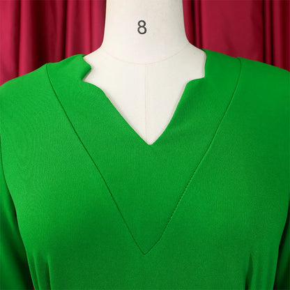 Office Dresses for Women V Neck Full Sleeve Belt Waisted Pleated Mid Calf Elegant Female Business Work Wear Dress Midi Cloth New