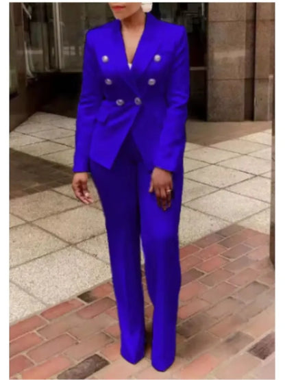 New Office Ladies Two Piece Sets Womens Outifits 2025 Spring Fashion Long Sleeve Double Breasted Blazer Plain Elegant Pants Set