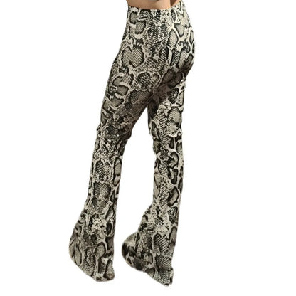 Womens Serpentine Print Flare Pants Stretch Boho Bell Bottoms High Waist Wide Leg Long Palazzo Pants Y2K Streetwear Trousers