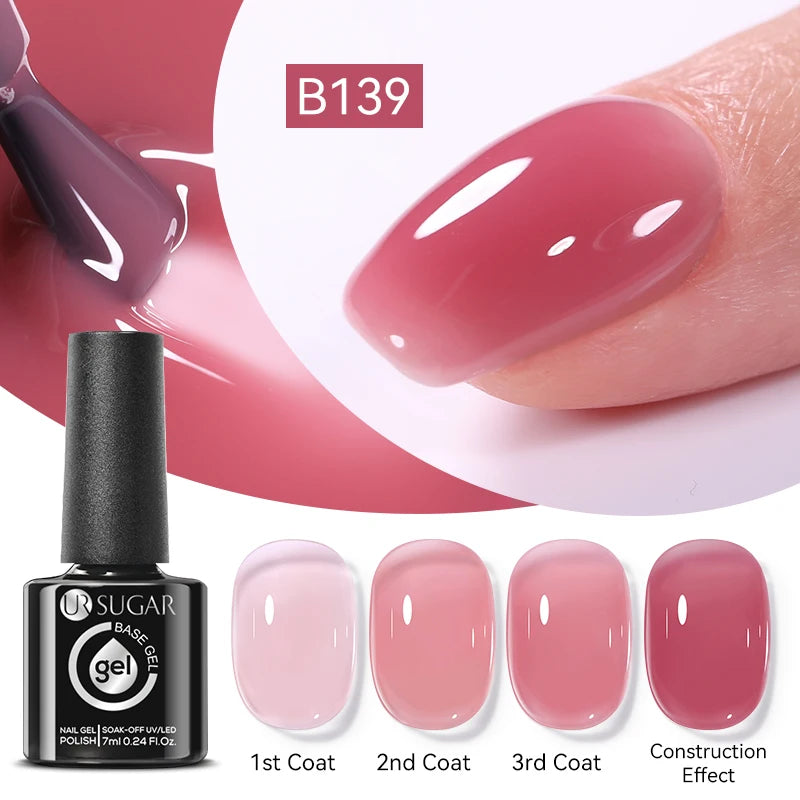 UR SUGAR 7ml Pale Pink Rubber Base Gel Nude Color Semi Permant Soak Off UV LED Self-leveling Gel Varnishes Great Coverage