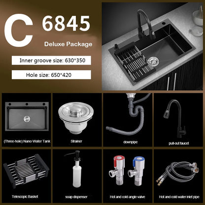 kitchen sink Black nano-sink single-slot household hand-washing basin kitchen large 304 stainless steel sink sink bowl