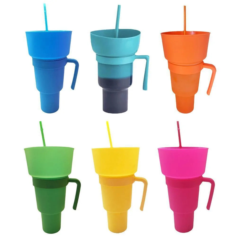 Portable Snackies Cup 2 in 1 Splash Proof Leakproof Top Snack Bowl on Drink Cups  Popcorn Stadium Tumbler with Straw Cinema Trip