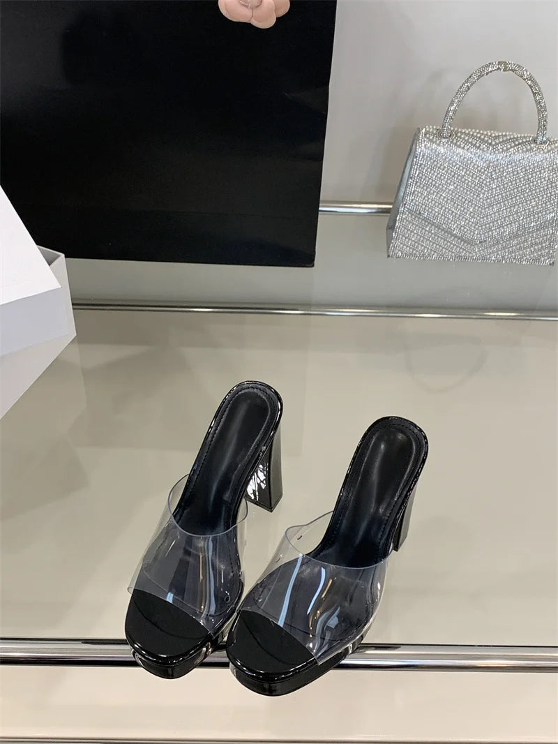 Liyke Summer Square Toe 12CM Thick High Heels Platform Slippers Ladies Chunky Sandals PVC Transparent Shoes Women Zapatos Mujer