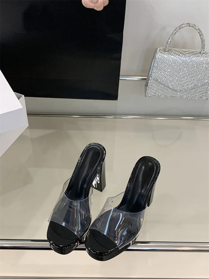 Liyke Summer Square Toe 12CM Thick High Heels Platform Slippers Ladies Chunky Sandals PVC Transparent Shoes Women Zapatos Mujer