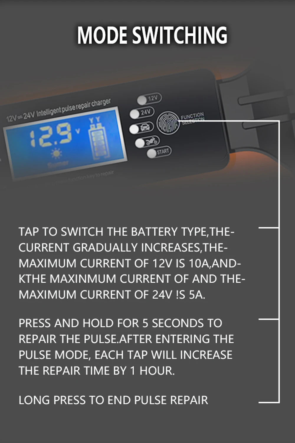 Car Battery Charger 12V 10A 24V 5A Automotive Digital Display Detection Pulse Repair Car Chargers Motorcycle Car Accesorries