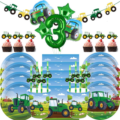 Green Farm Tractor Tableware Napkins Tablecloth Farm Tractor Theme Birthday Decor Birthday Banner Balloon Caketopper