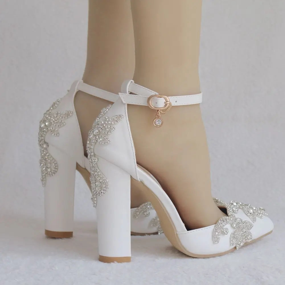 2025 Thick Heel Pointed Toe Shoes Large Size  Thick Heel Sandals Women Rhinestone Wedding Shoes Women White Wedding Shoes Drill