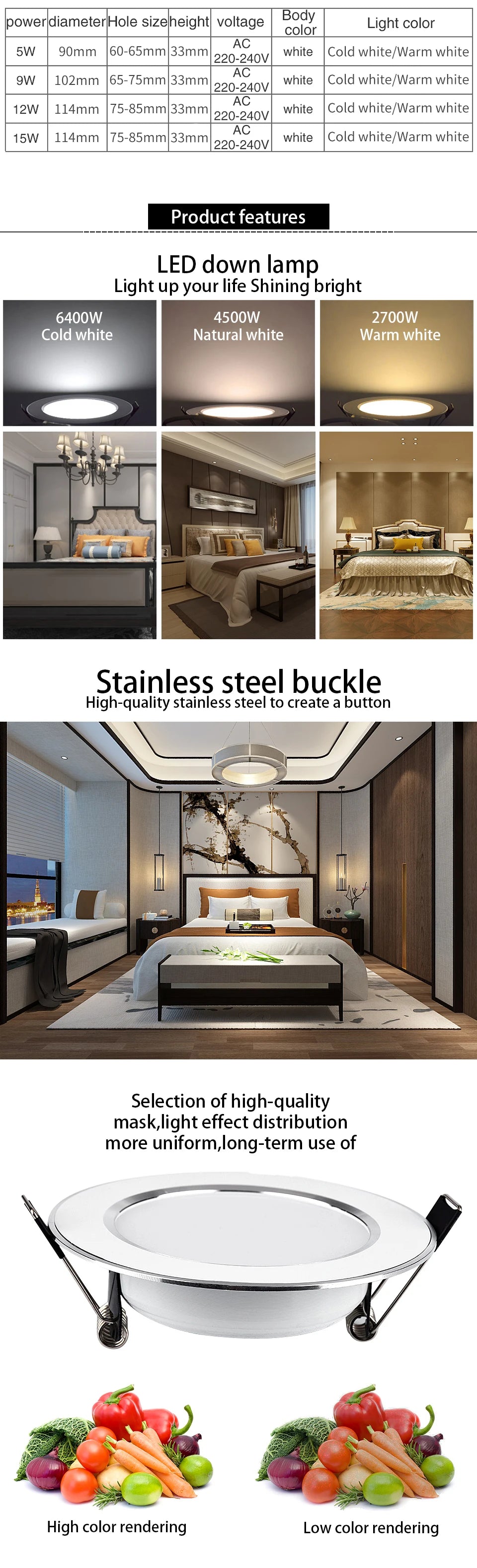 LED tube light 3W 5W 7W 9W 12W 15W embedded ceiling light AC 220V bedroom corridor living room ceiling light spotlight