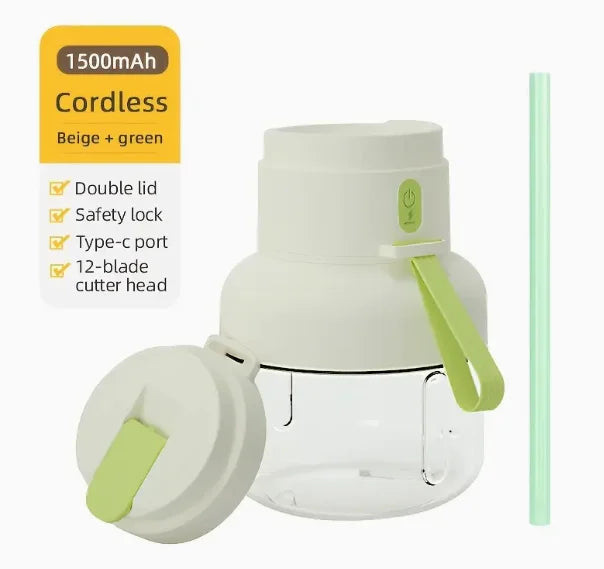 Portable electric juicer blender, wireless USB charging, straw cup, button control, blender portable.