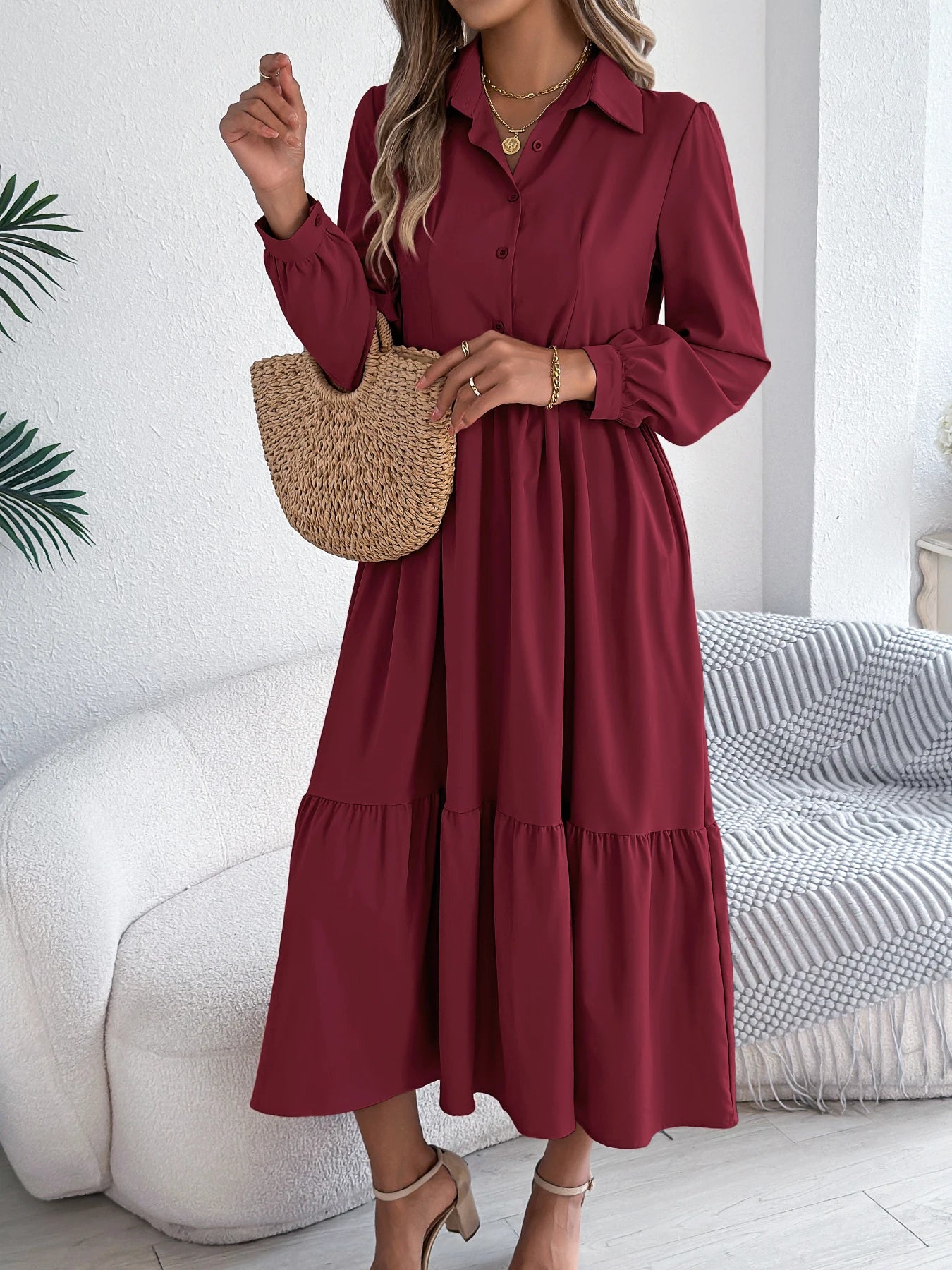 Casual Vacation Long Sleeved Turn-down Collar Single-Breasted Dress Spring Autumn Fashion Women's Clothing