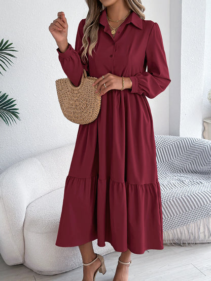 Casual Vacation Long Sleeved Turn-down Collar Single-Breasted Dress Spring Autumn Fashion Women's Clothing
