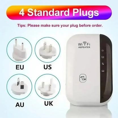 WiFi Extender 300Mbps - Wireless Signal Booster, EU/US Plug, Long Range Coverage Through Walls, Home Router Enhancer for Bedroom