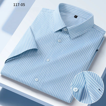 New in shirt summer short sleeve shirts for men slim fit formal plain shirt soft office striped top wrinkle free elastic clothes