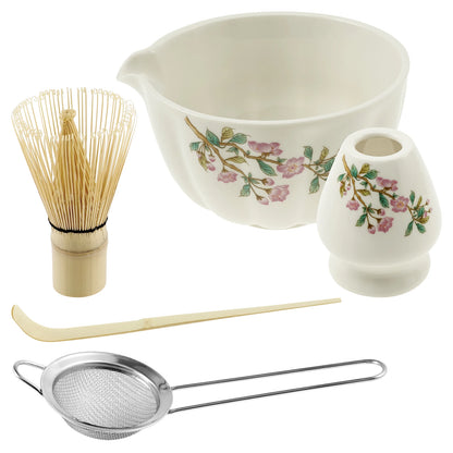 Matcha Whisk and Bowls Kit with Whisk Holder Scoop and Sifter Japanese Style Matcha Making Set Teaset Giftbox for Tea lovers