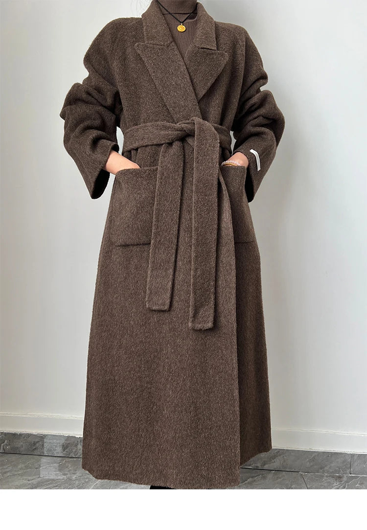 Office Lady Woolen Jackets 2024 Autumn And Winter Bathrobe Style Pocket Double-Sided Loose Lace -Up Tie Women's Long Wool Coats