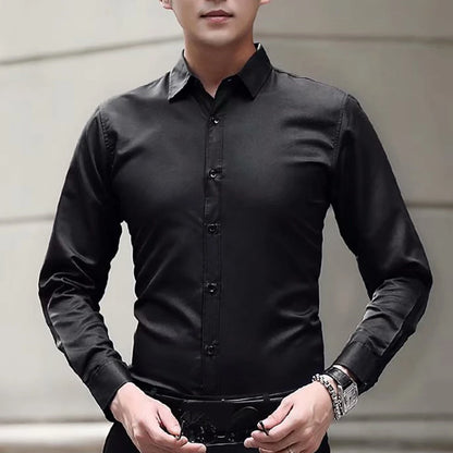 New Men\'s Long Sleeve Drill Button Shirts Tight Business Formal Social Wrinkle Lapel Casual Solid Simple Fashion Male T-shirts