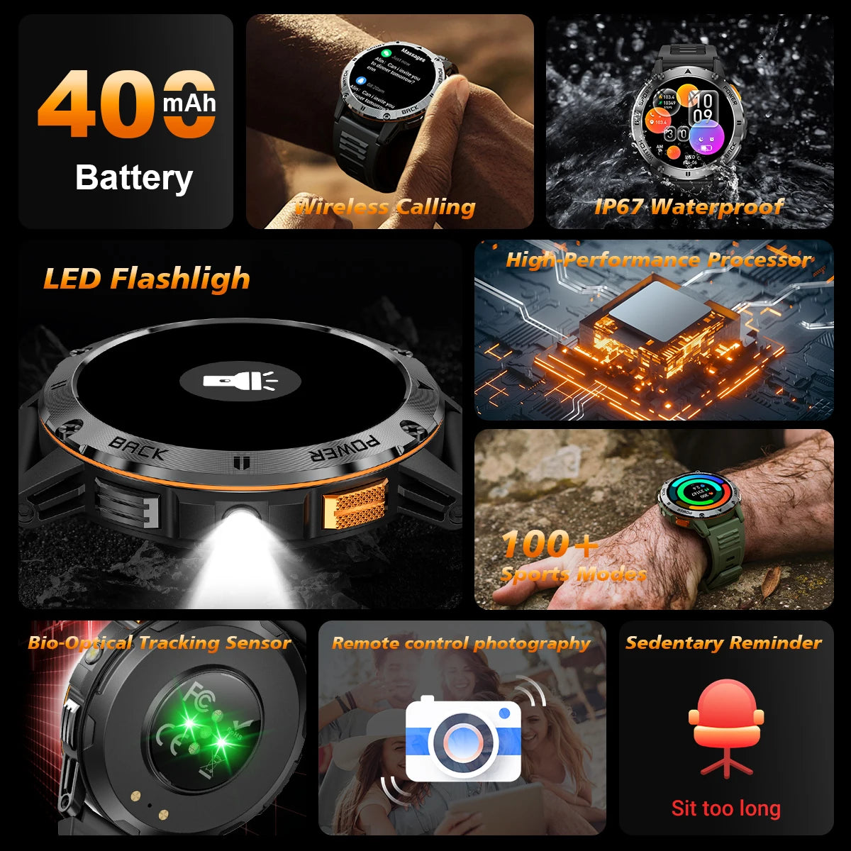 New Military Sports GPS Smart watch AMOLED HD IP68 outdoor NFC Sport Watch Fitness tracker Health monitor BT call LED flashlight