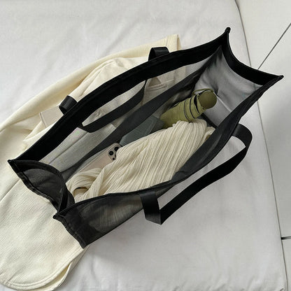 Fashion Totes Bags Large Capacity Mesh Top-Handle Handbag Solid Color Storage Bags Transparent All-match for Beach Swimming