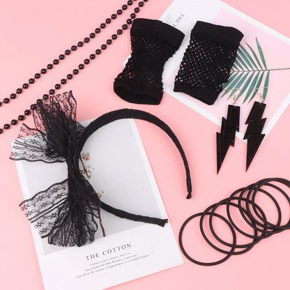 80s Fancy Dress Accessories Women Party Costume Set Adult Tutu Skirt Neon Fishnet Gloves Beaded Necklace Bracelet Earrings